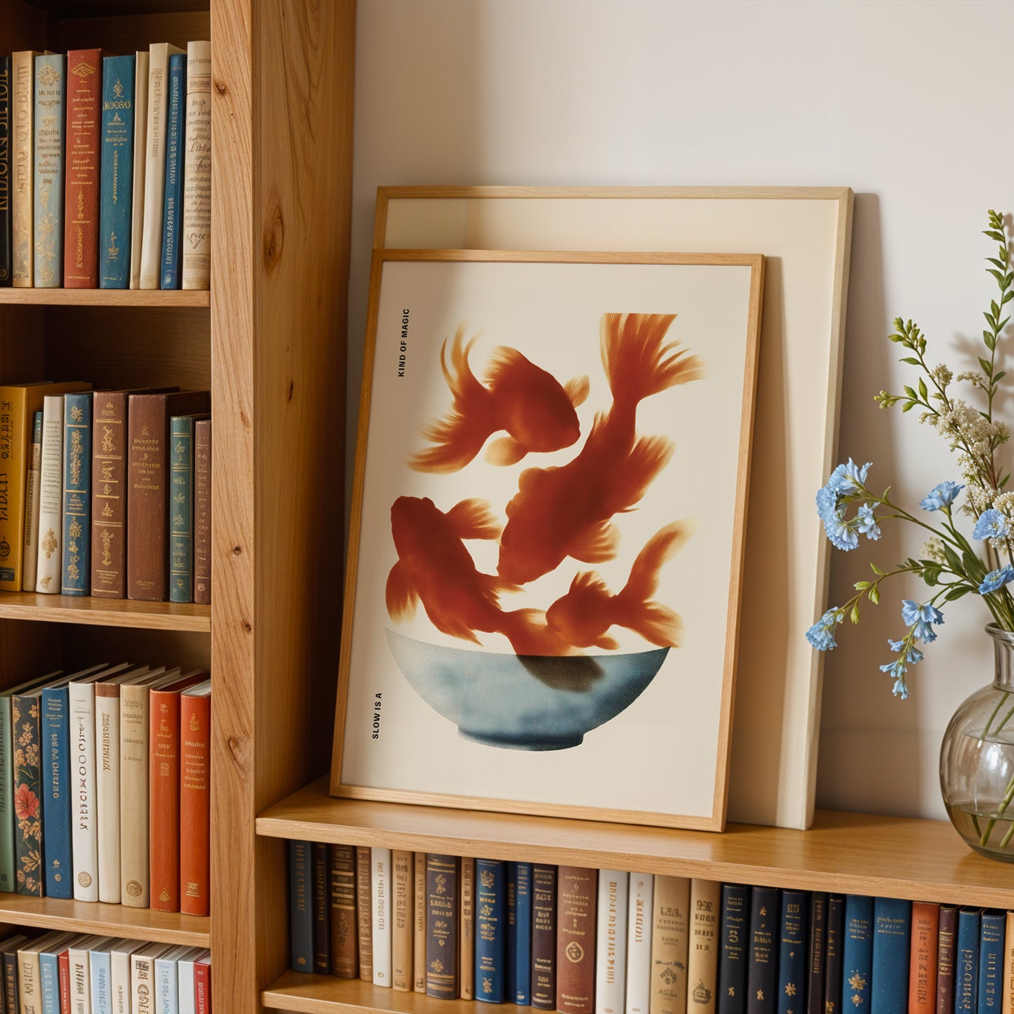 a wooden bookshelf filled with books, a framed artwork of fish in a bowl, and a vase of blue flowers.