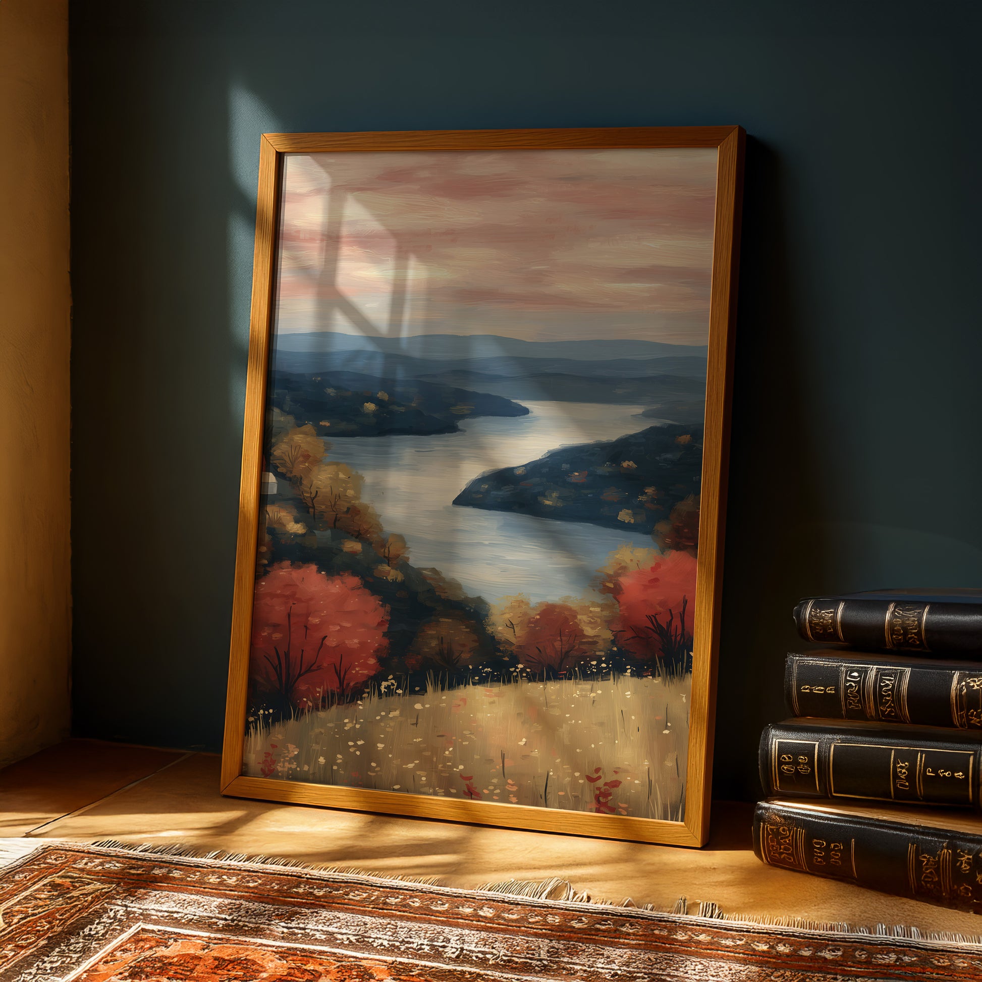 a framed painting of a serene landscape with a river, trees, and a sunset sky, placed on a wooden floor next to a stack of books.