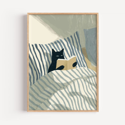 Black Cat Reading Print