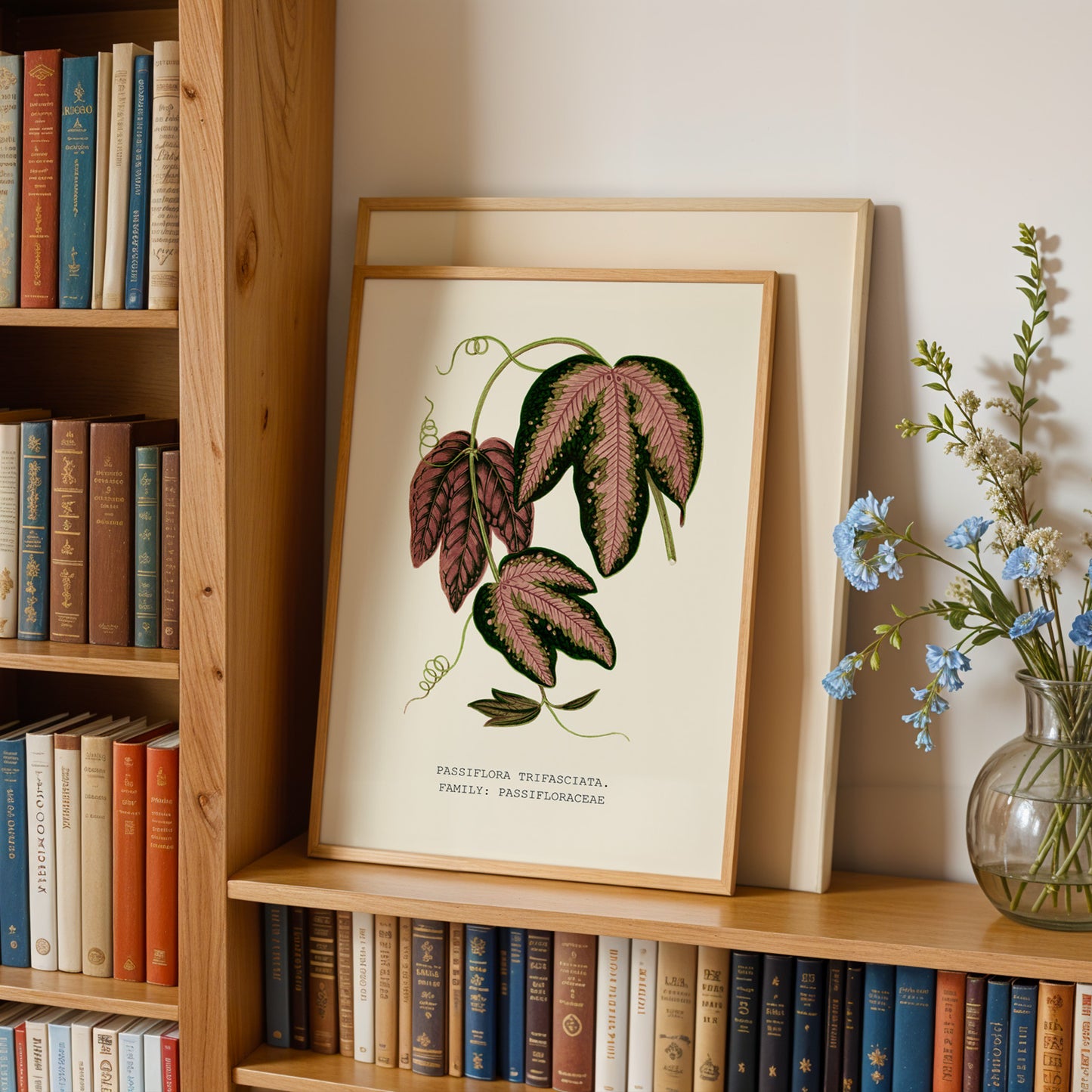 a wooden bookshelf with a framed botanical illustration of a plant on the top shelf, a vase of blue flowers on the bottom shelf, and a collection of books on the shelves below.