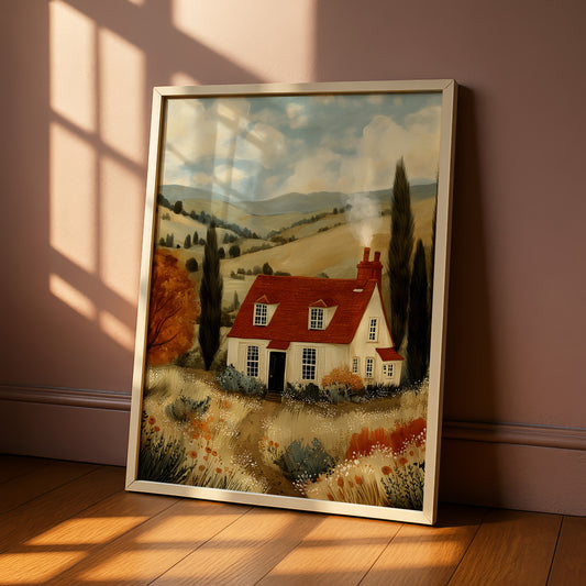 A framed painting depicting a picturesque countryside scene with a red-roofed house surrounded by trees and flowers, set against a backdrop of rolling hills and a blue sky with clouds.