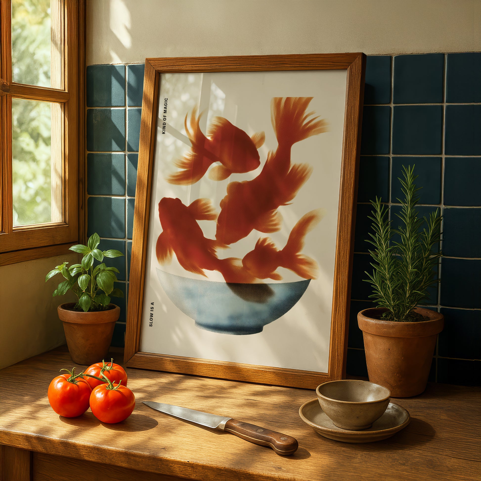 a wooden table with a framed picture of three orange fish swimming in a blue bowl, a knife, a bowl of fruit, and a potted plant.