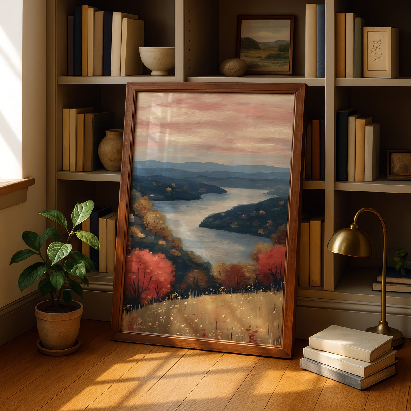 a large framed painting of a serene landscape with a river, trees, and a sky with clouds, placed on a wooden floor in a room with bookshelves and a lamp.
