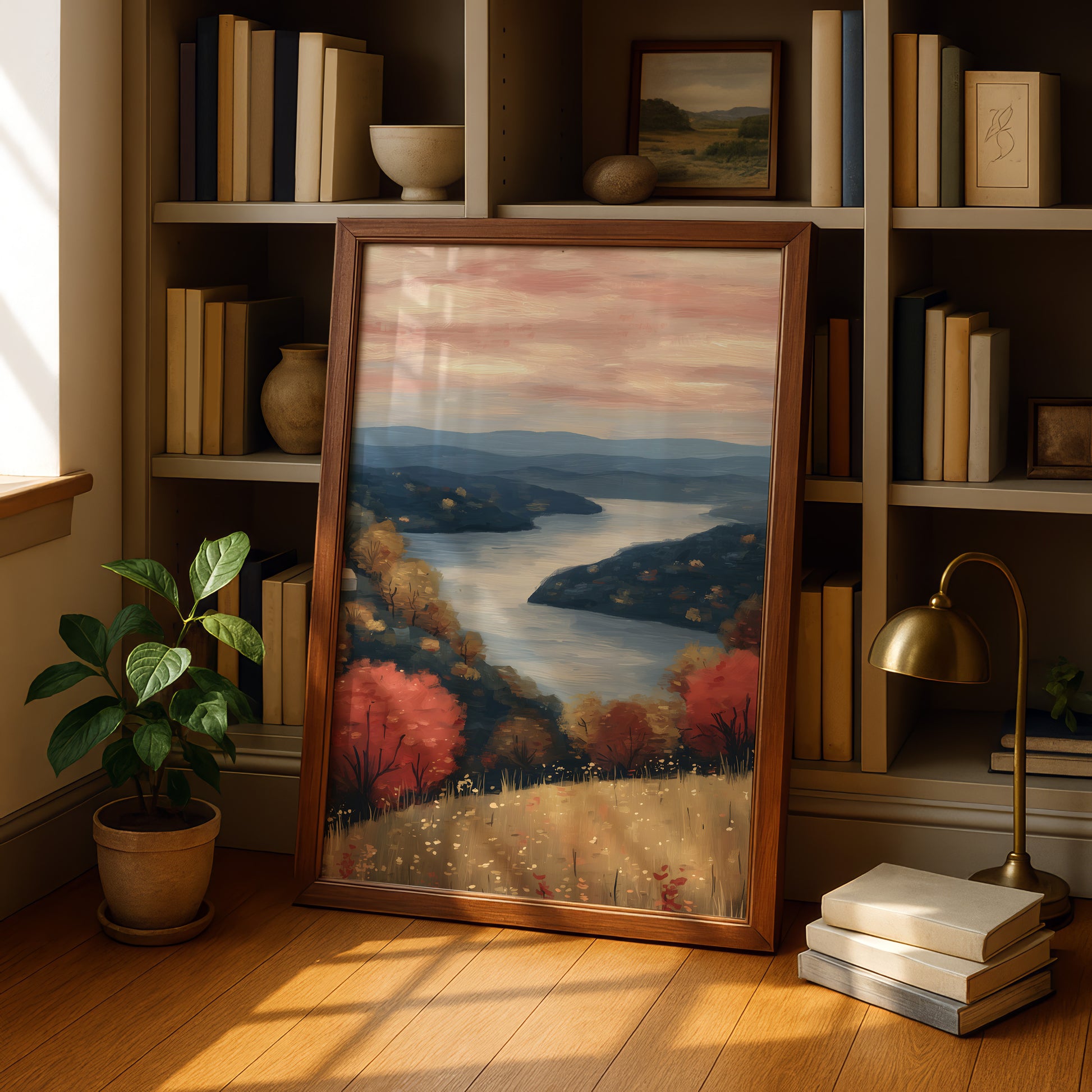 a large framed painting of a serene landscape with a river, trees, and a sky with clouds, placed on a wooden floor in a room with bookshelves and a lamp.