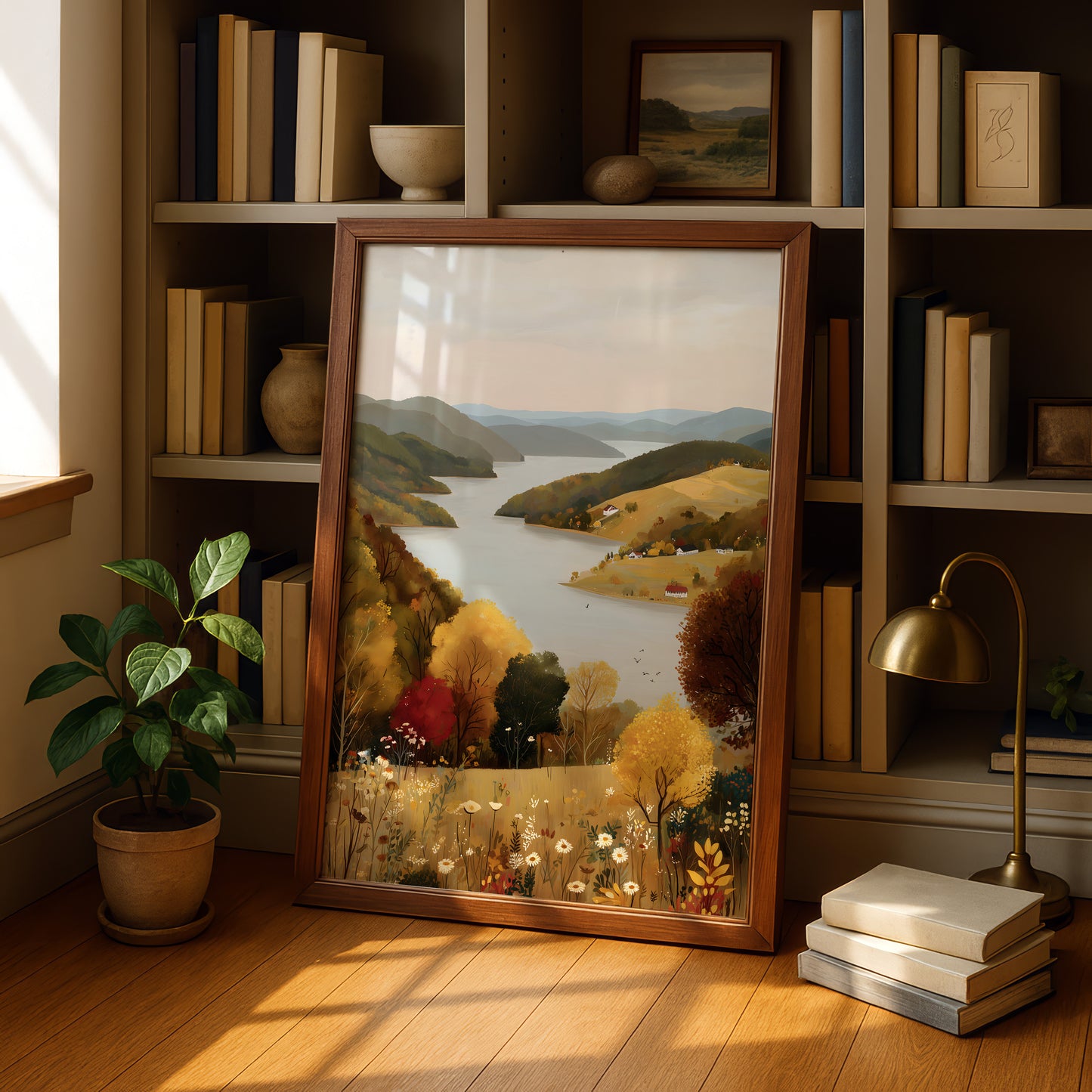 a large framed painting of a scenic landscape, with a river and mountains in the background, surrounded by trees and flowers. The painting is placed on a wooden floor in a room with bookshelves and a lamp.
