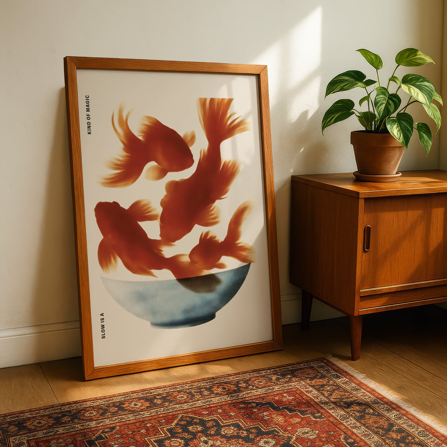 a framed artwork depicting three goldfish swimming in a bowl, placed on a wooden cabinet next to a potted plant.