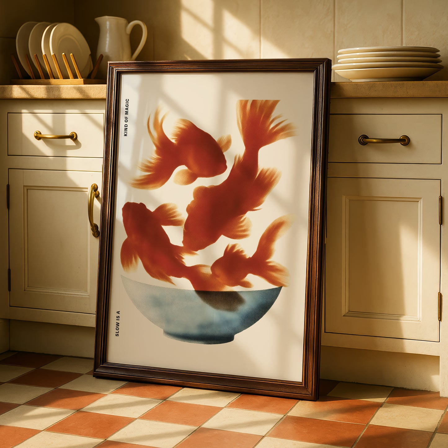 A framed print of a vibrant illustration of three goldfish swimming in a bowl is displayed on a kitchen counter.