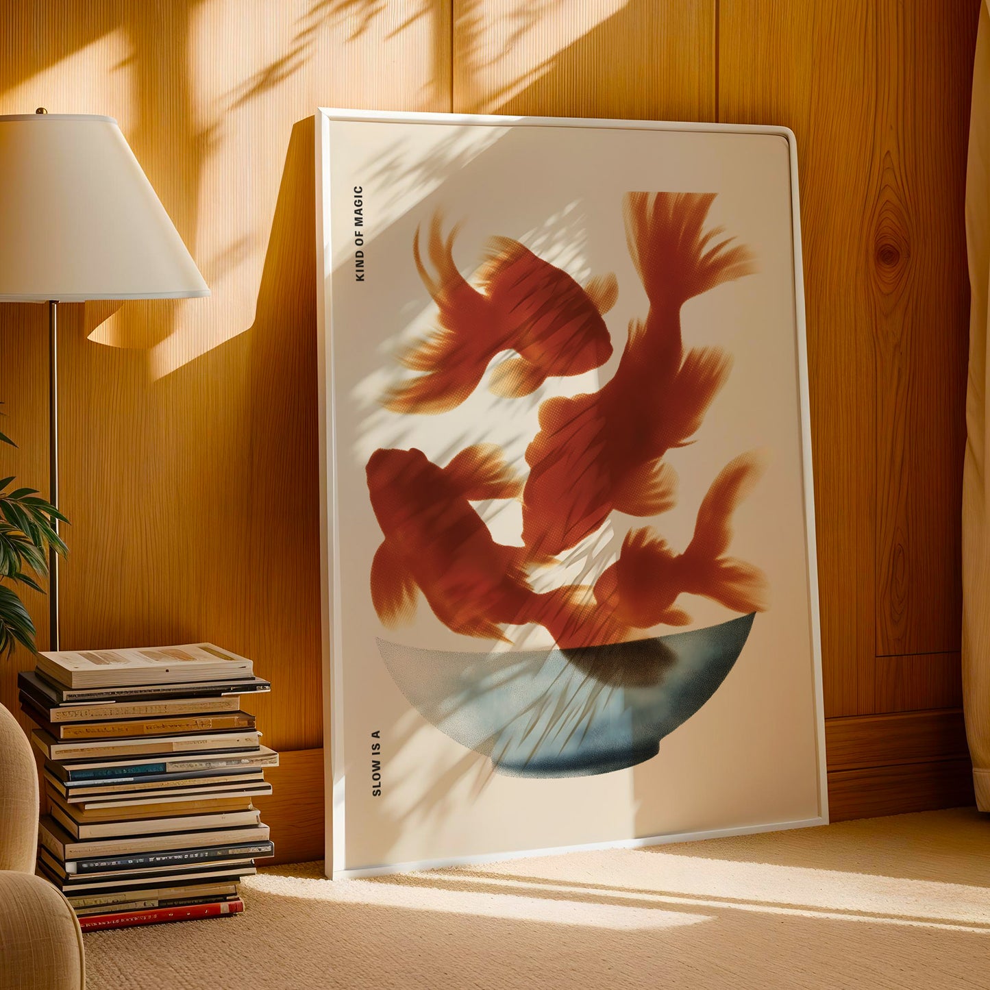 a framed artwork depicting a bowl with fish inside, placed on a wooden surface.