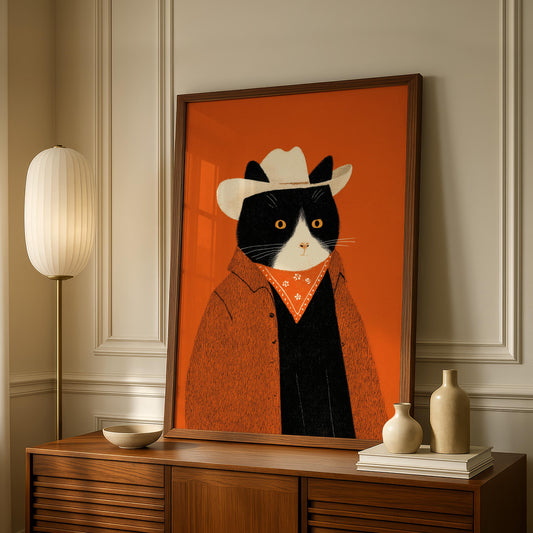Cowboy Cat Print (Black & White Cat)