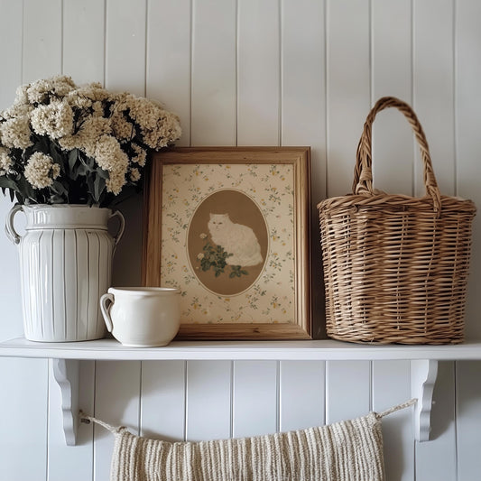 White Cat with Roses Print