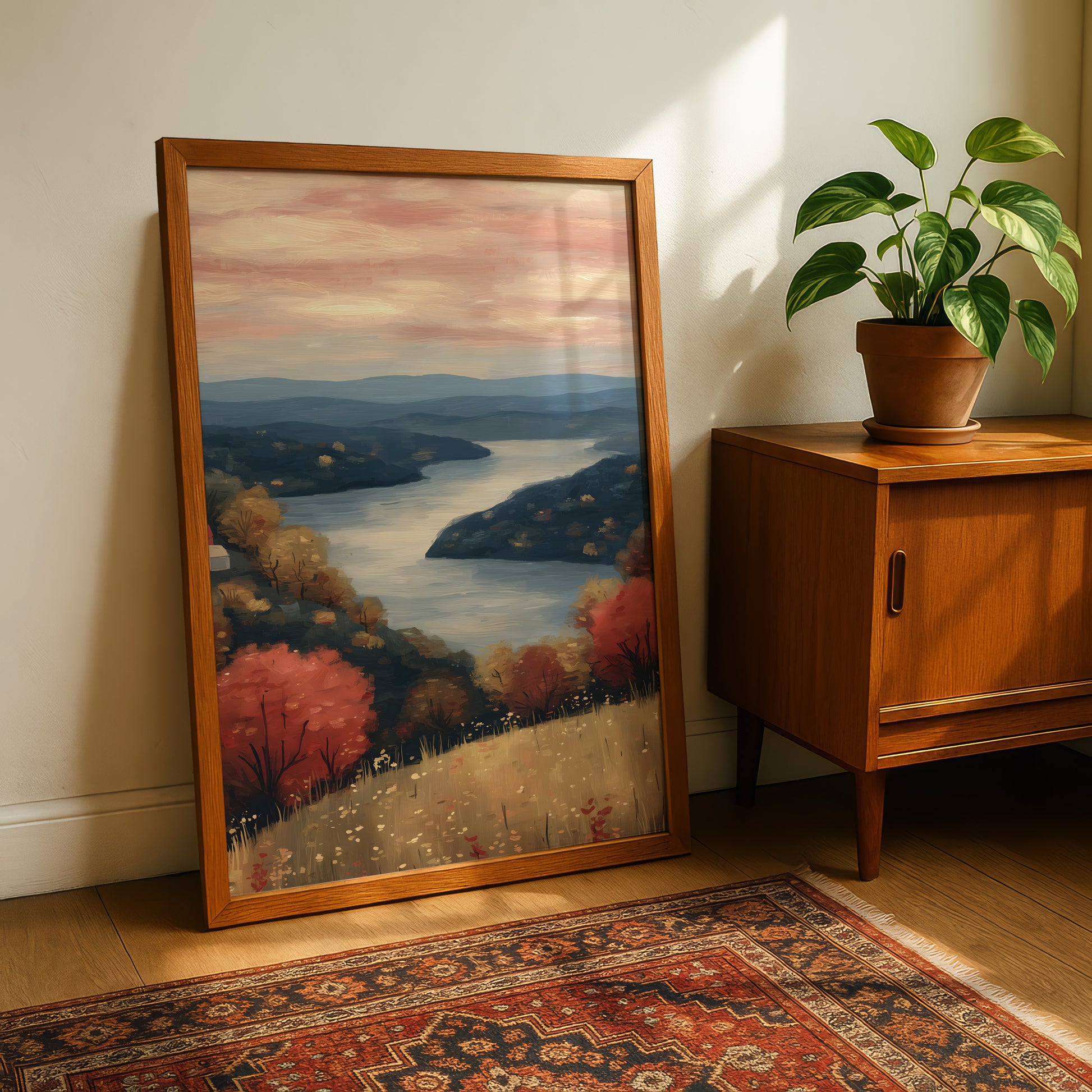 a large framed painting depicting a serene landscape with a river, mountains, and trees, placed on a wooden floor next to a potted plant.