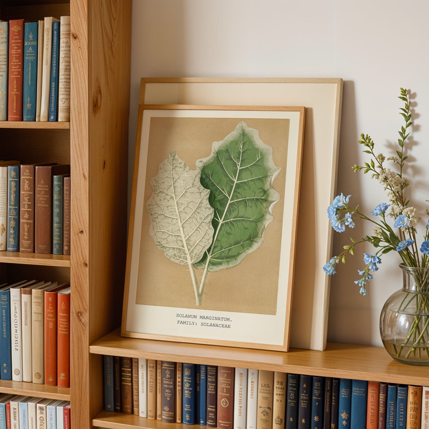 a wooden bookshelf with a framed botanical illustration of two leaves, a vase of blue flowers, and a collection of books.
