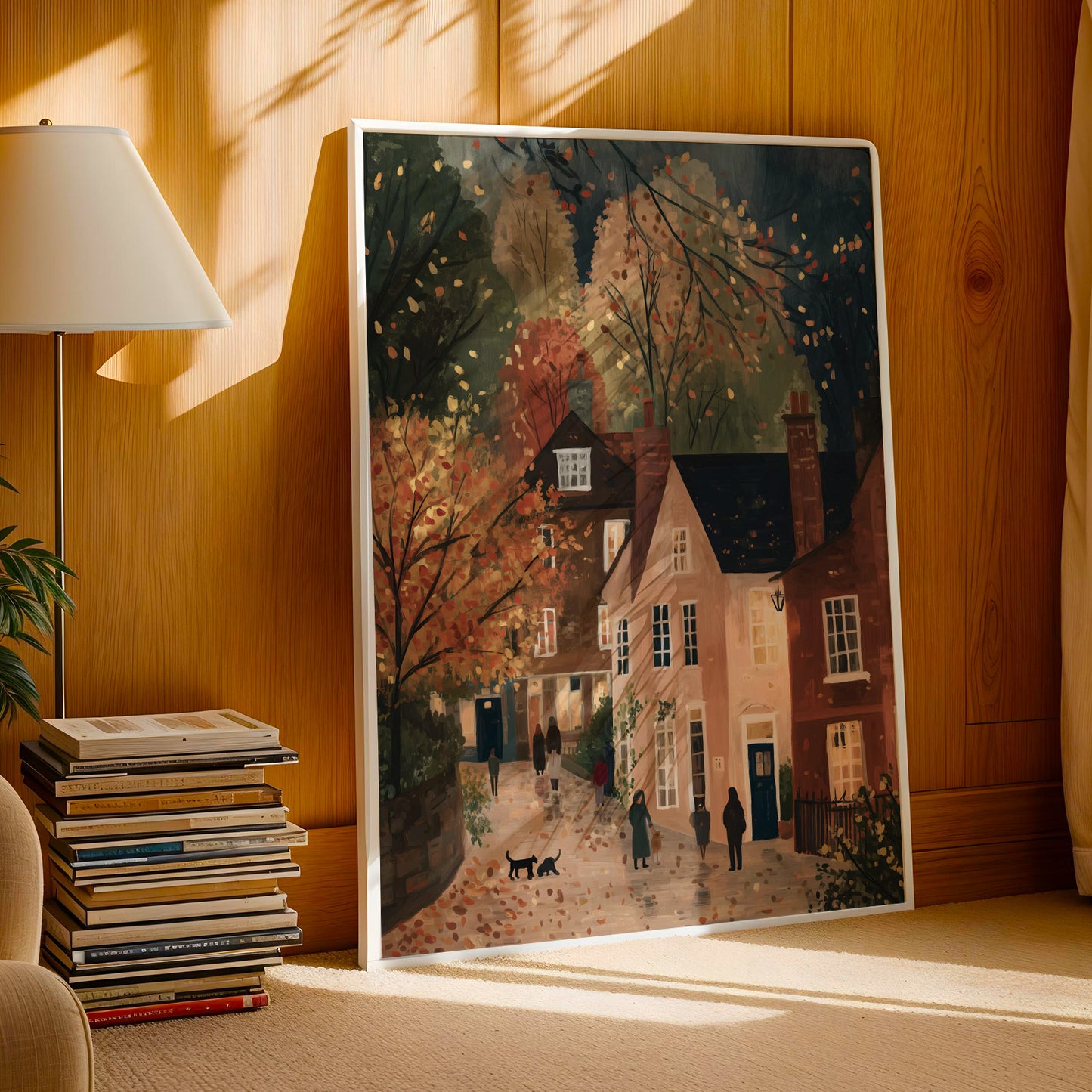 a painting of a quaint village scene with colorful autumn foliage, depicting a small town with houses, trees, and people walking along the street.