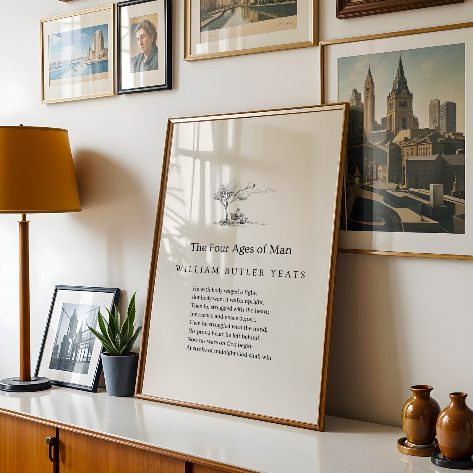 a framed poster titled "The Four Ages of Man" by William Butler Yeats, accompanied by a potted plant and a vase on a shelf.