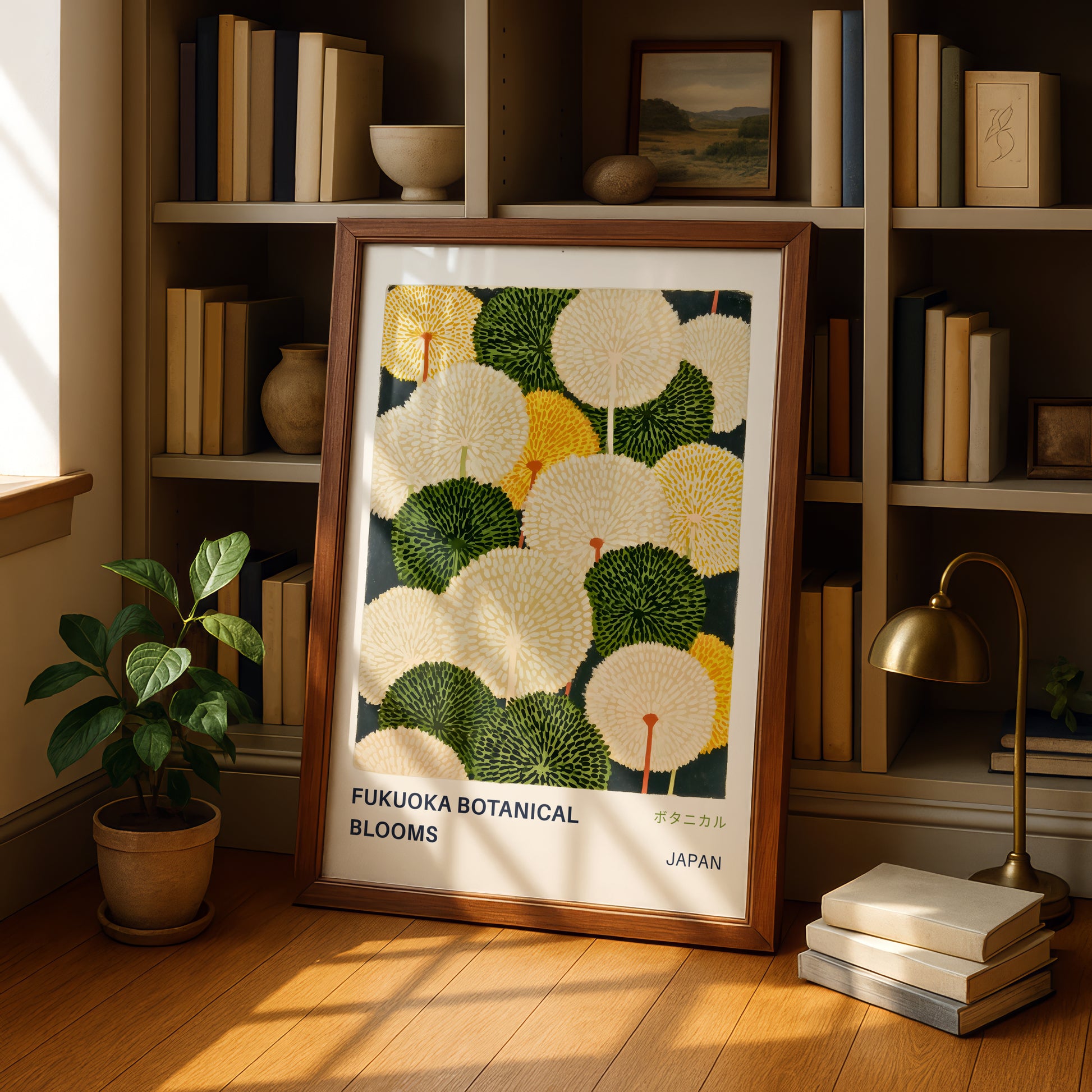 a framed poster of a botanical illustration of white and green flowers, placed on a wooden floor in a room with bookshelves and a potted plant.
