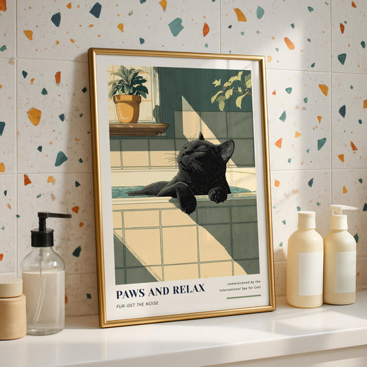 Black Cat Bathtub Print - "Paws and Relax"