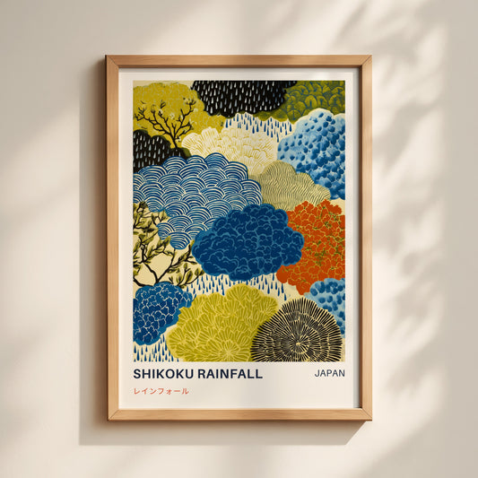 Shikoku Rainfall, a muted Japandi landscape print of soft rain over hills