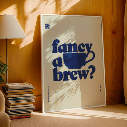 A poster with the text " Fancy a brew?" displayed prominently in the center, surrounded by a stack of books and a lamp in a room with wooden paneling.