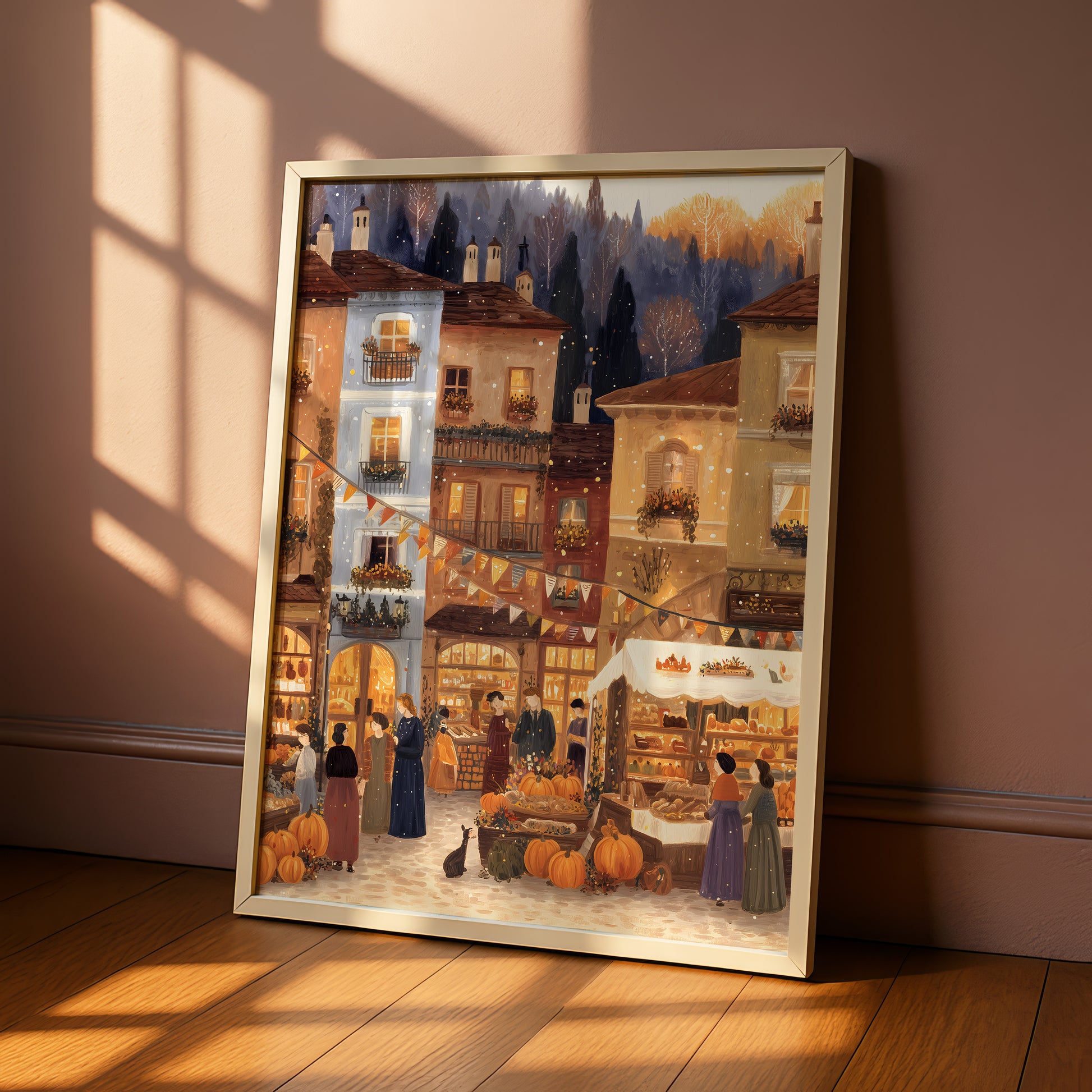 The image is a framed painting depicting a lively street scene with people, buildings, and a market filled with pumpkins.