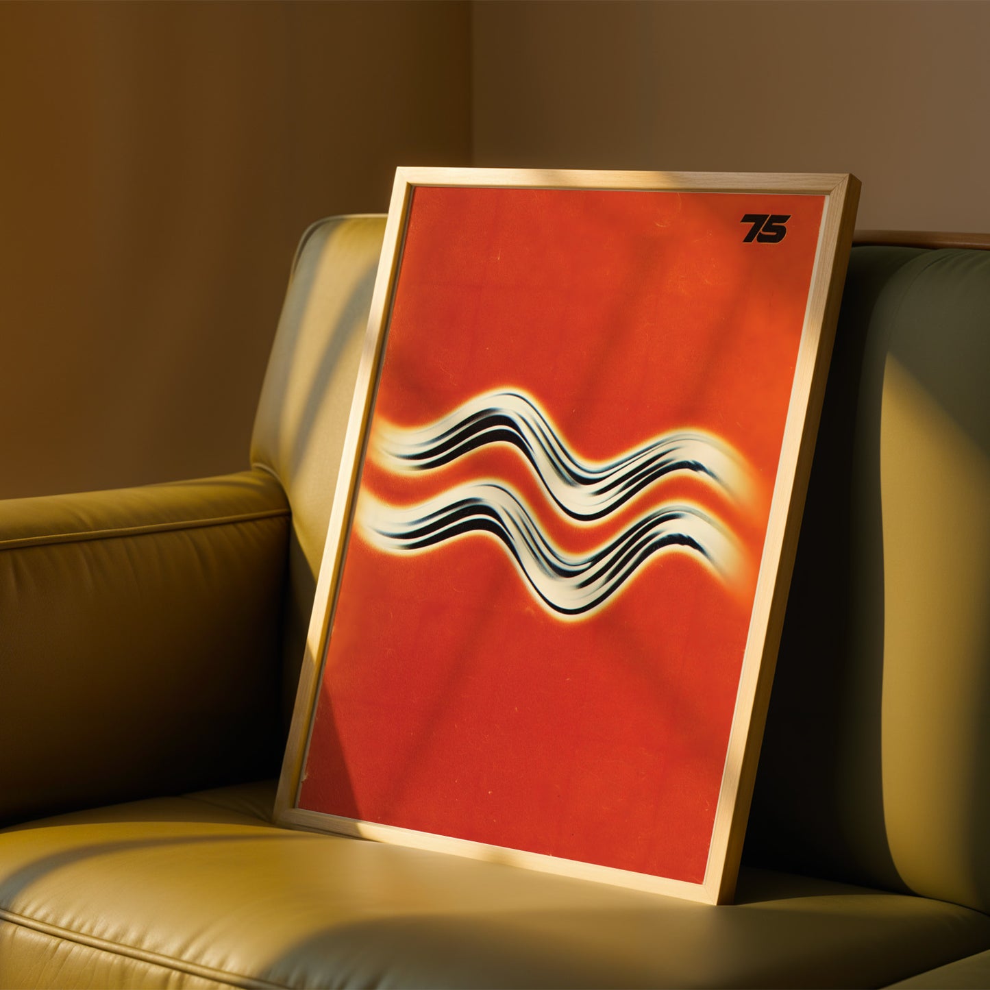a framed poster with a vibrant red background and abstract black and white wave-like design.