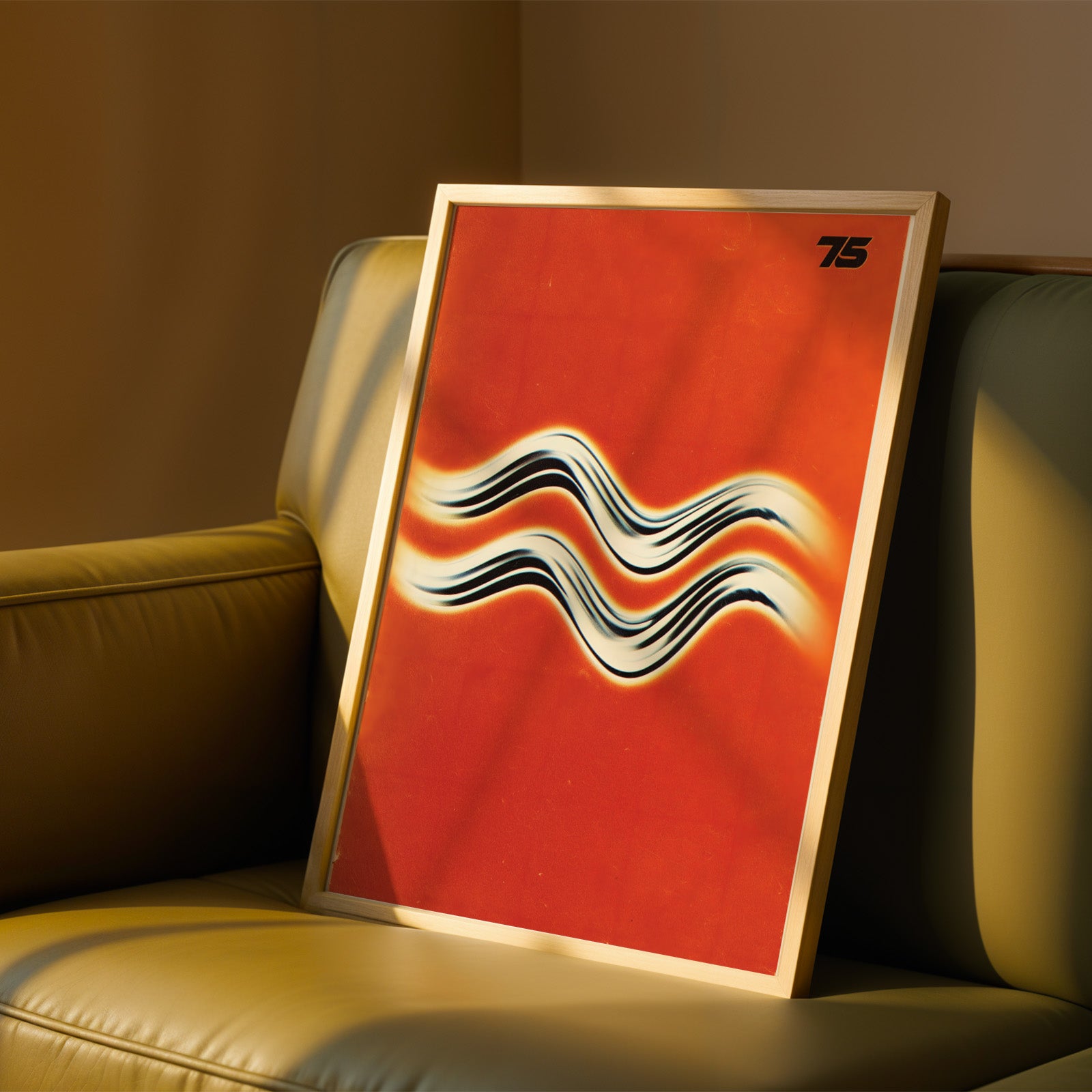 a framed poster with a vibrant red background and abstract black and white wave-like design.