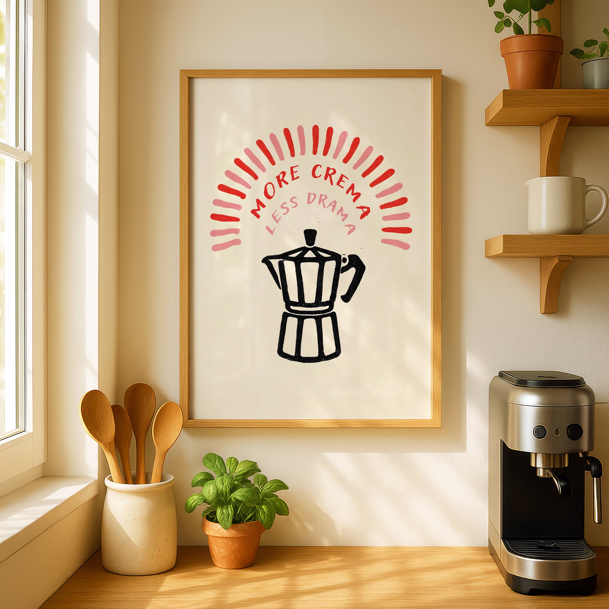 a kitchen scene with a framed poster on the wall that says "MORE CREMA LESS DRAMA", a coffee maker, wooden spoons, and a potted plant.