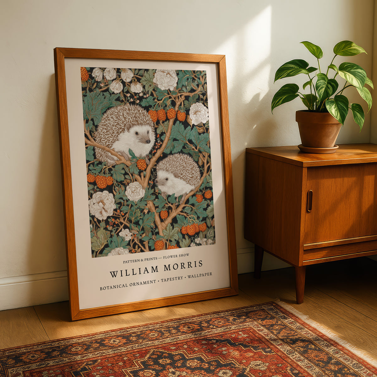 A framed print of a painting of two hedgehogs sitting in a floral arrangement is displayed on a wooden cabinet next to a potted plant.