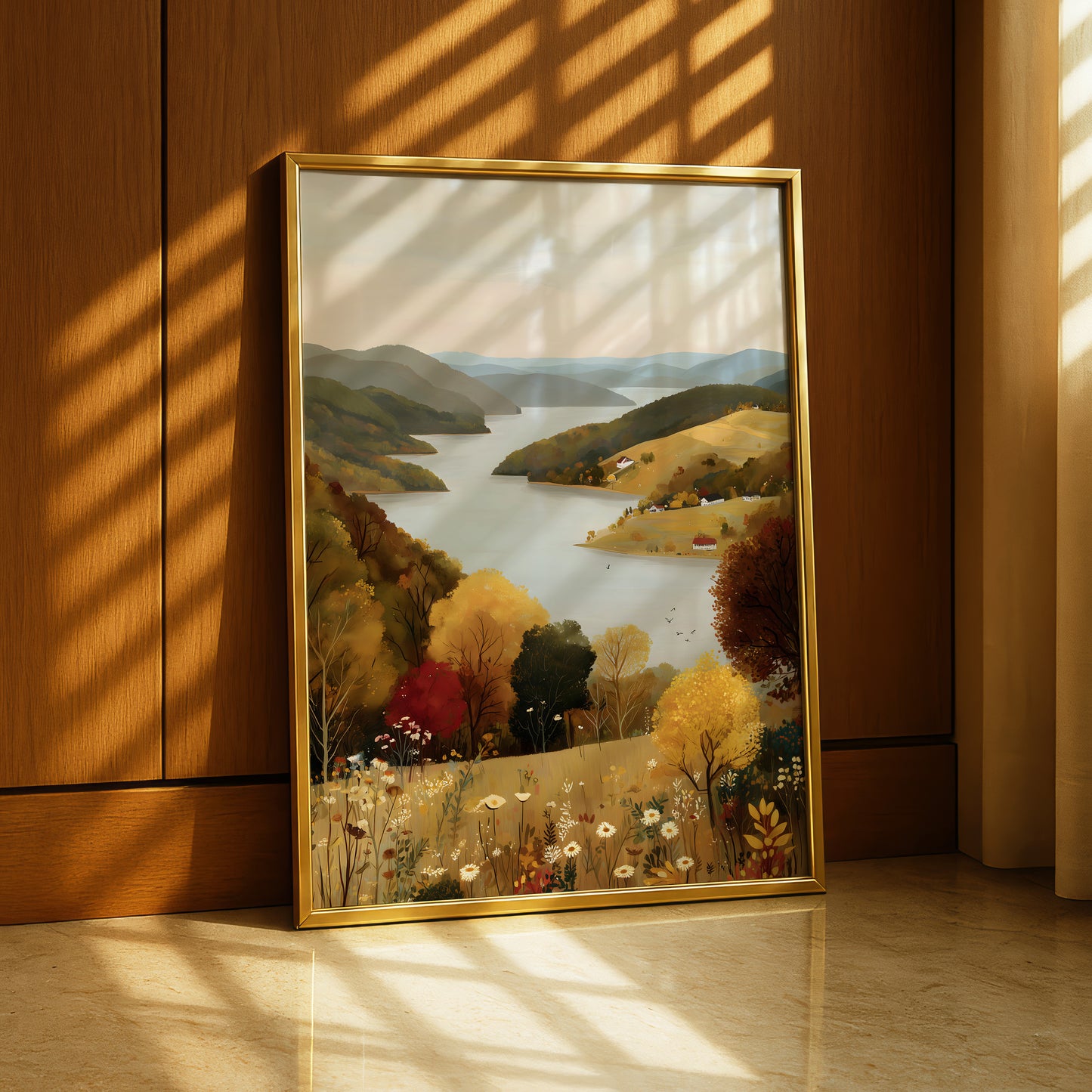 a framed painting of a scenic landscape with a river, mountains, and trees, placed on a wooden floor against a wooden wall.