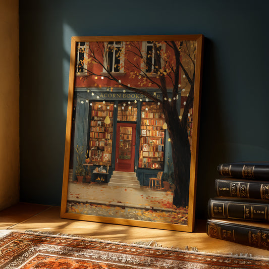 a cozy bookstore with a warm, inviting atmosphere, featuring a tree and a bookshelf filled with books.