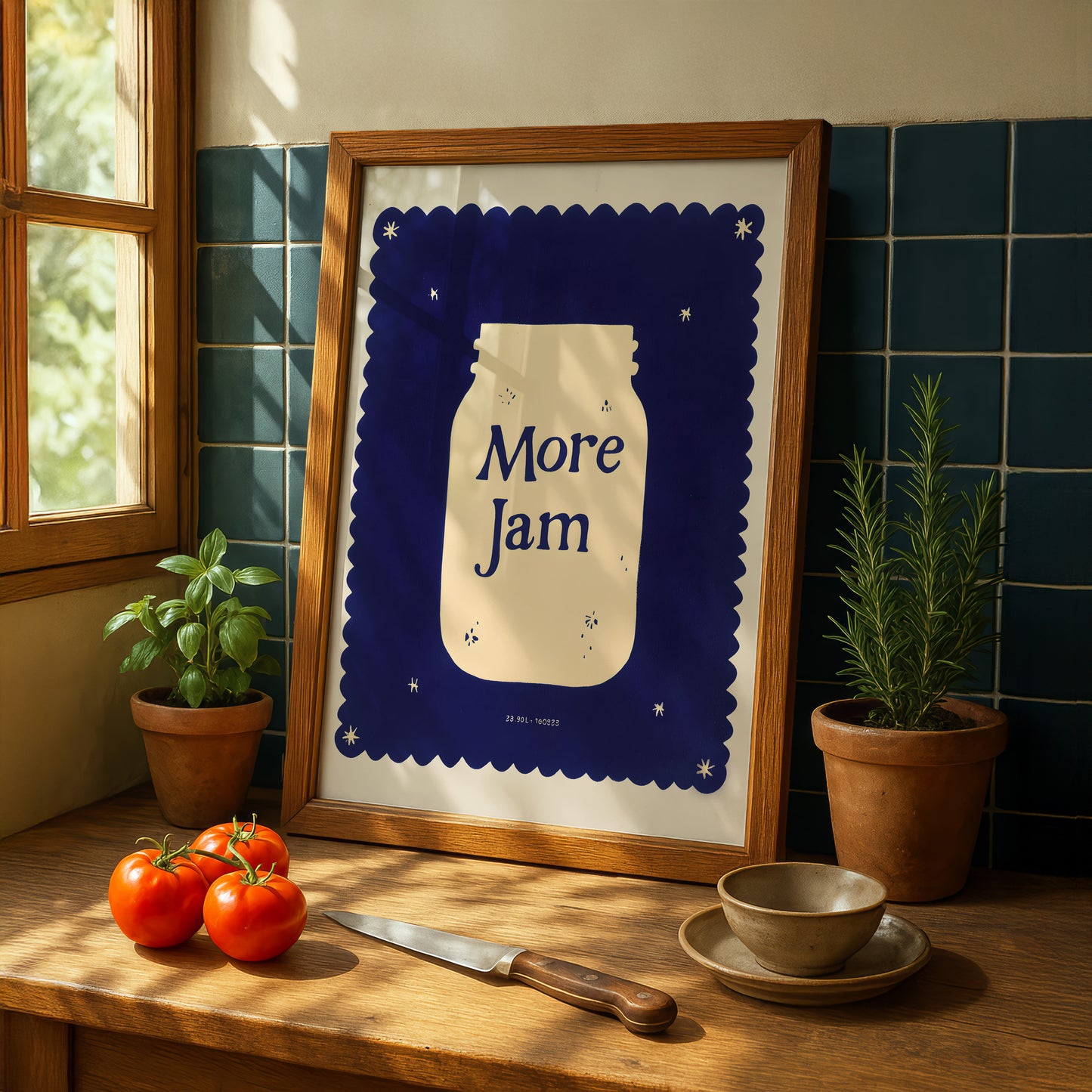 a framed poster with the text "More Jam" on a wooden table, surrounded by various kitchen items such as a knife, a bowl, and a potted plant.