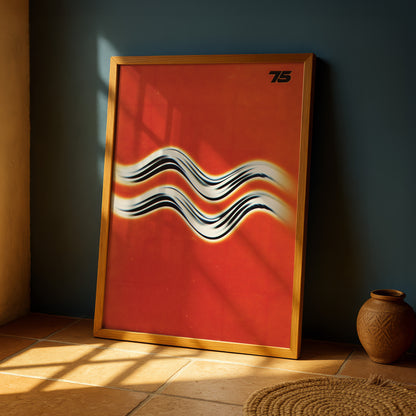 a large, vibrant red poster with a bold, abstract design of wavy lines on a blue wall. The poster is framed and placed on a tiled floor, with a small vase to the right of it.