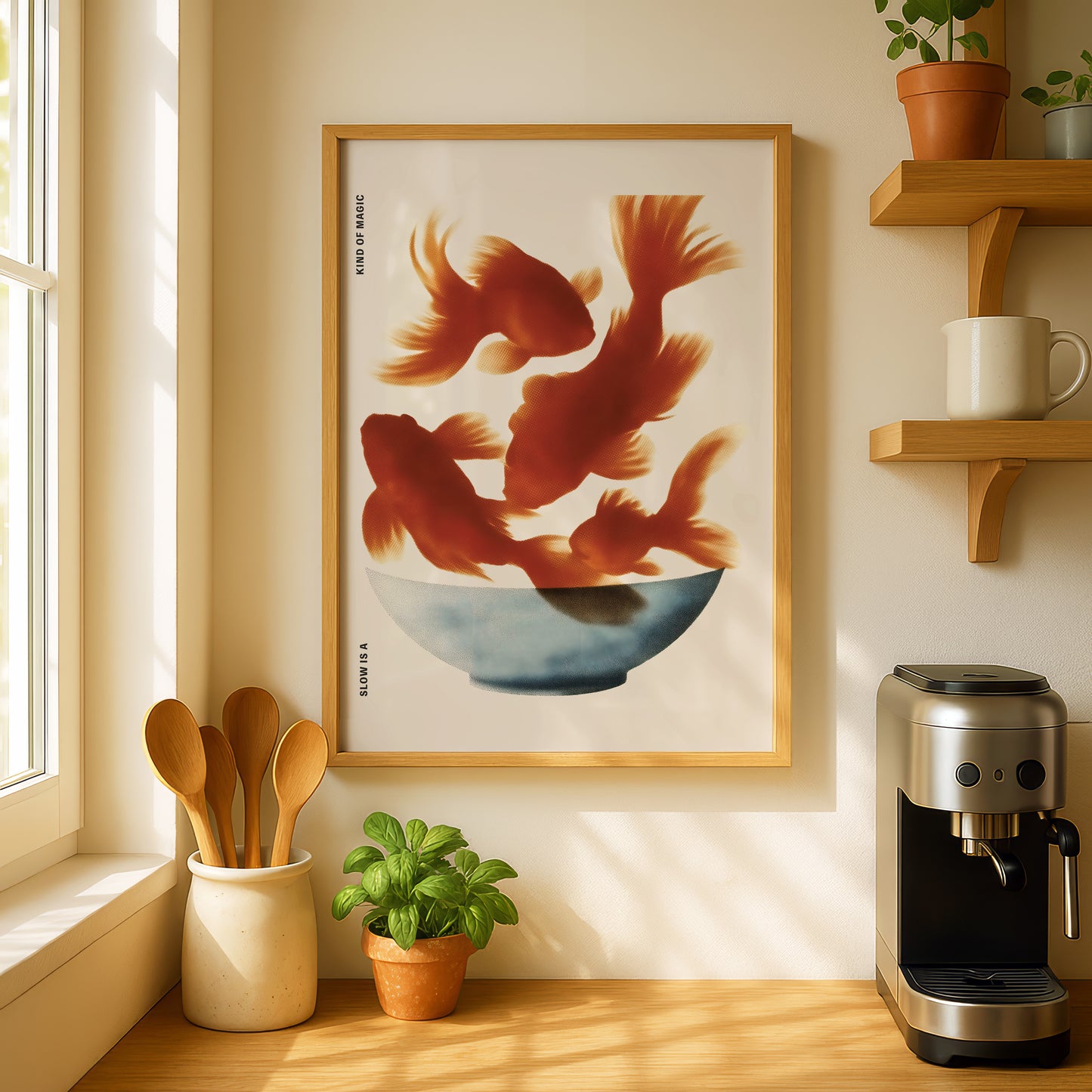 a framed artwork of three orange fish swimming in a blue bowl, placed on a wall above a coffee maker and a potted plant.