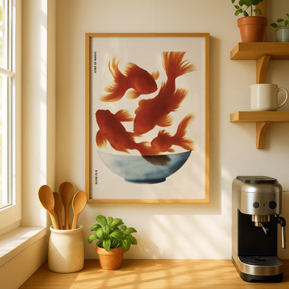 a framed artwork of three orange fish swimming in a blue bowl, placed on a wall above a coffee maker and a potted plant.