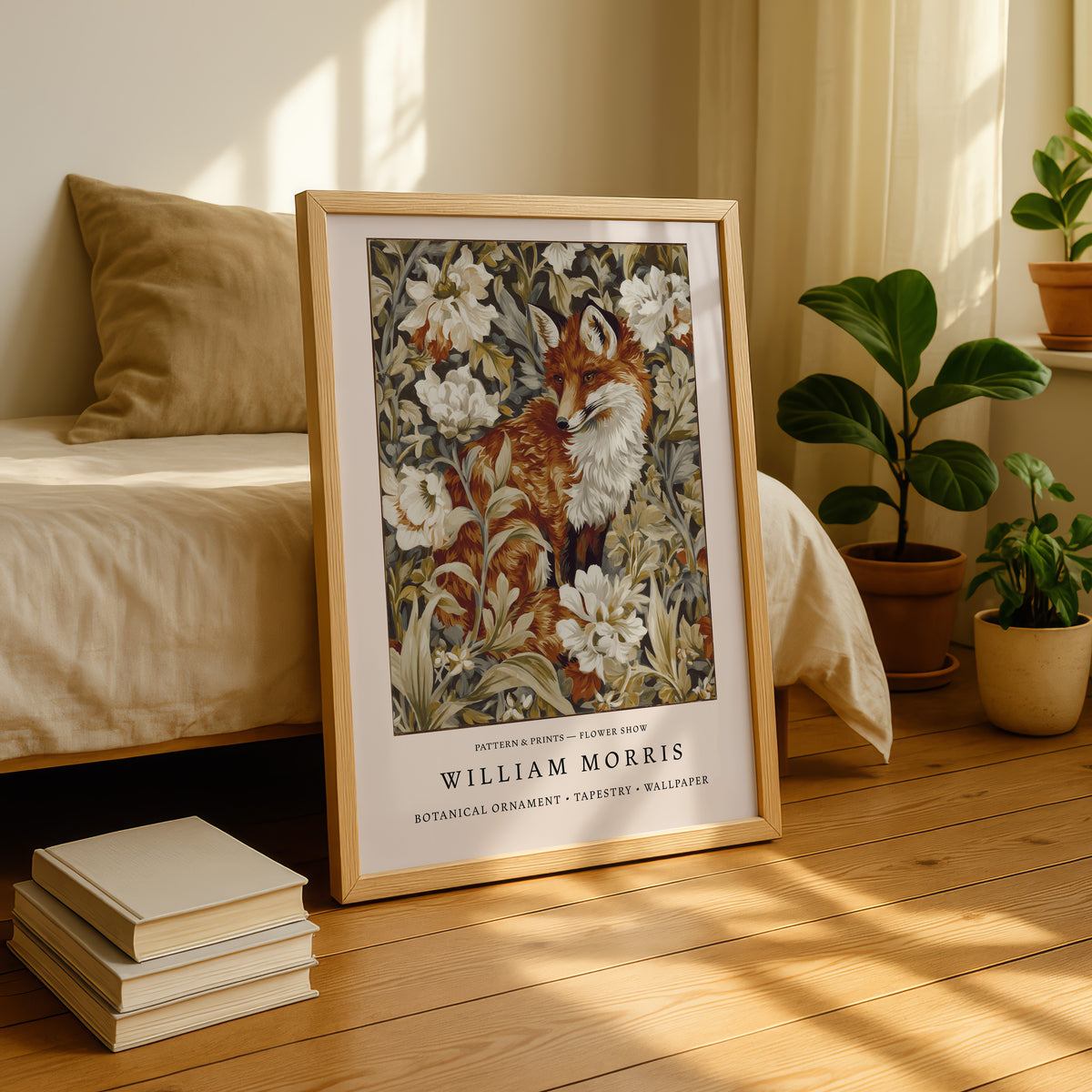 A framed print of a fox surrounded by flowers is displayed on a wooden floor, with a stack of books and potted plants in the background.