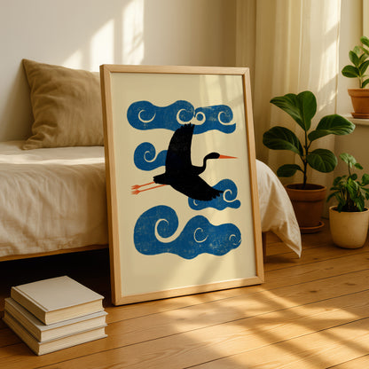 Japanese Bird & Clouds Print