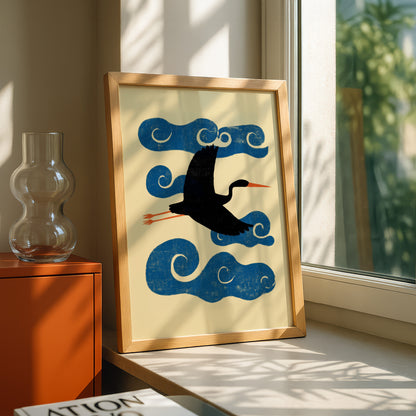 Japanese Bird & Clouds Print