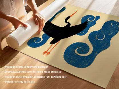 Japanese Bird & Clouds Print