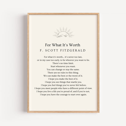 F. Scott Fitzgerald Quote Print - "For What It's Worth"