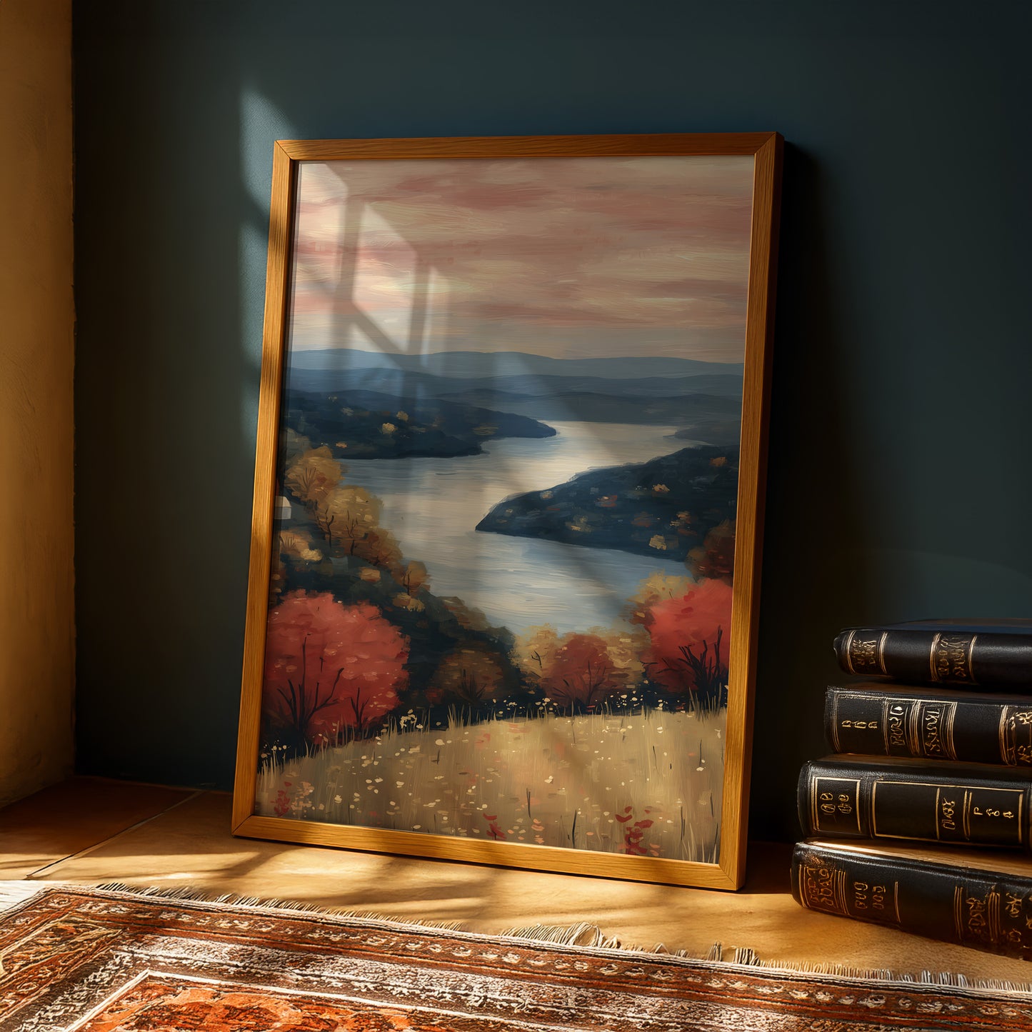 a framed painting of a serene landscape with a river, trees, and a sunset sky, placed on a wooden floor next to a stack of books.