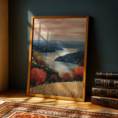 a framed painting of a serene landscape with a river, trees, and a sunset sky, placed on a wooden floor next to a stack of books.