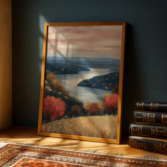 a framed painting of a serene landscape with a river, trees, and a sunset sky, placed on a wooden floor next to a stack of books.