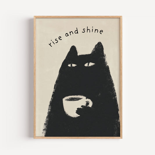 Black Cat Coffee Print - "Rise and Shine"