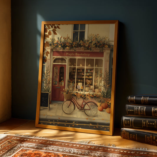 A framed painting depicting a charming bookstore with a bicycle parked outside, surrounded by autumn decorations and books.