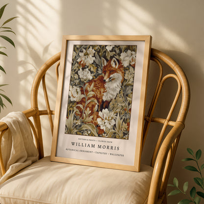 A framed print of a fox surrounded by a floral pattern hangs on a wooden chair.