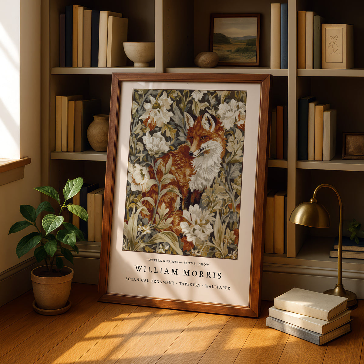A framed print of a fox surrounded by flowers is displayed on a wooden floor in a room with bookshelves and a potted plant.