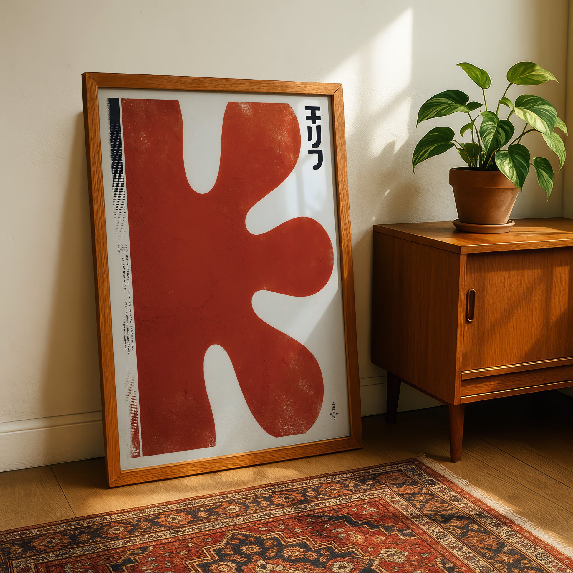a large, abstract red shape with a black border, placed on a wooden floor next to a potted plant and a wooden cabinet.