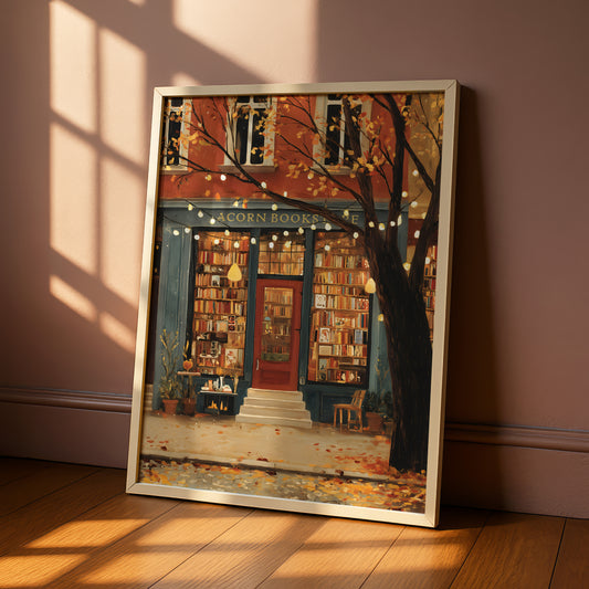 a charming bookstore with a red door, a tree, and a sign that reads "ACORN BOOKS", creating a cozy and inviting atmosphere.