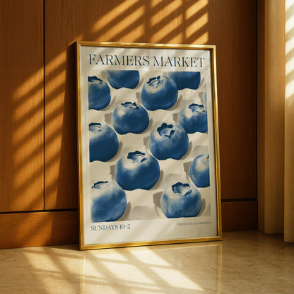 A framed poster of blueberries is displayed on a wooden wall, with the text "FARMERS MARKET" and "SUNDAYS 10-2" visible.