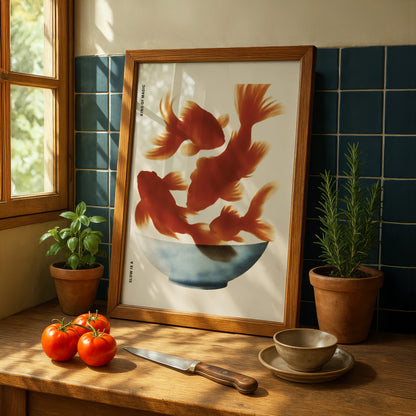 a wooden table with a framed picture of three orange fish swimming in a blue bowl, a knife, a bowl of fruit, and a potted plant.