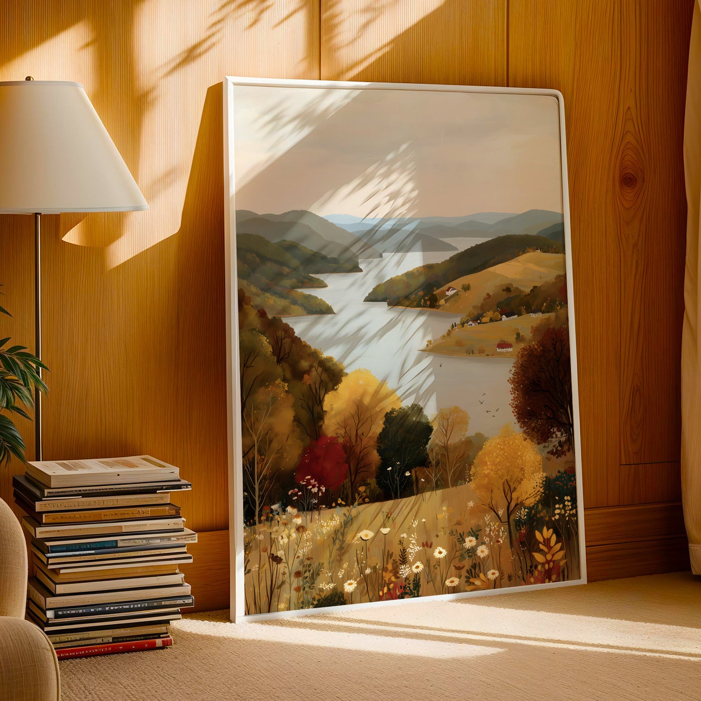 a large framed painting depicting a scenic landscape with a lake, mountains, and trees. The painting is placed on a wooden wall, and there is a stack of books and a lamp nearby.